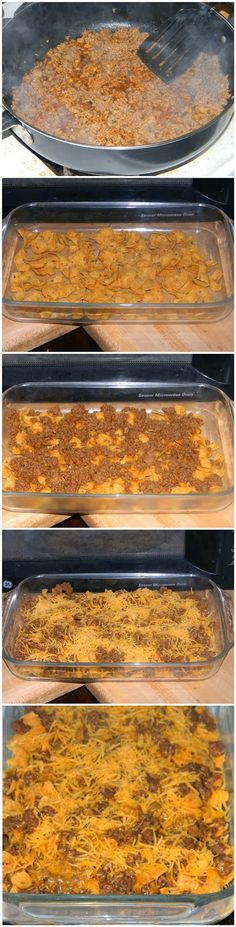 four images show different stages of baking in an oven and then showing the steps to make lasagna casserole