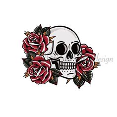 a skull and roses sticker on a white background