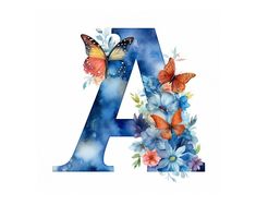 the letter a with butterflies and flowers on it is painted in blue watercolors