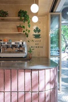 a coffee machine sitting on top of a counter next to a potted plant in front of a window