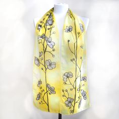 Yellow silk scarf, hand painted with black and white pattern of delicate anemone flowers. This skinny scarves is made to order in 3 days! Size: 8.5 by 61 inches (155 by 22 centimeters) Silk: pure Habotai Light, semi transparent and delicate. This extra skinny scarf is a great head scarves! You can use it as a belt, as a purse decoration... whatever you need! Silk is lightweight and can be fashioned into extra add on to your outfit. The scarf is hand painted with bright yellow background and blac Artistic Yellow Silk Scarf For Spring, Yellow Artistic Silk Scarf For Spring, Bohemian Hand Painted Silk Scarf, Elegant Yellow Silk Scarf, White Anemone Flower, Yellow Silk Scarf, High-end Yellow Silk Scarf For Summer, Purse Decorations, White Anemone