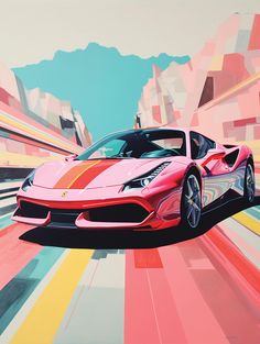 a painting of a red sports car driving down a colorful road with mountains in the background