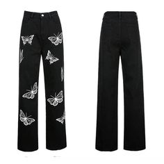 Material: COTTONWaist Type: lowLength: Full LengthDecoration: PATTERNOrigin: CN(Origin)Jeans Style: Wide Leg Pants Model Number: 4KL0500 Thickness: RegularStyle: StreetwearClosure Type: Zipper FlyFit Type: LOOSEWash: Light Jeans Online Store, Egirl Clothes, Pants Model, Y2k Butterfly, Black Jeans Women, Patterned Jeans, Preppy Aesthetic, Printed Jeans, Black Butterfly