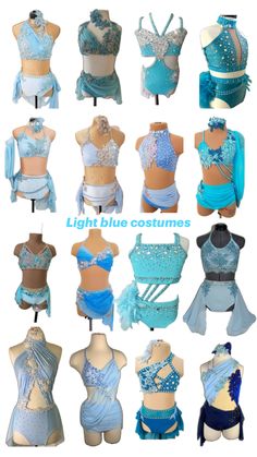 many different types of clothing are shown in this image with the words light blue costumes