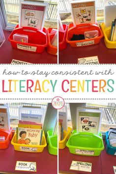 there are many different bins on the table with books and toys in them for children to read