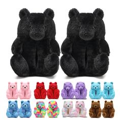 two stuffed bears sitting next to each other with different colors and sizes in front of them