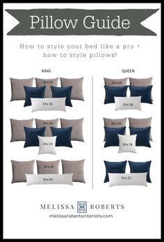 the pillow guide for bedding is shown in several different colors and sizes, including dark blue