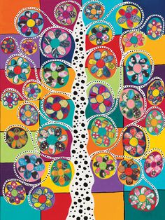 a colorful tree with lots of circles and dots on the bottom, in front of a black background