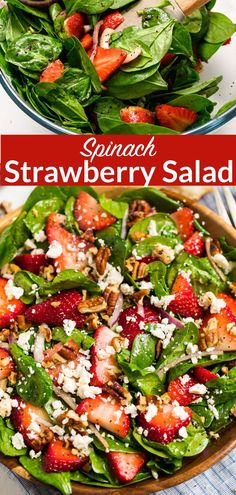 spinach strawberry salad with feta cheese and strawberries in a bowl on the side