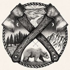 an image of two crossed axes and a bear in the woods with mountains behind them