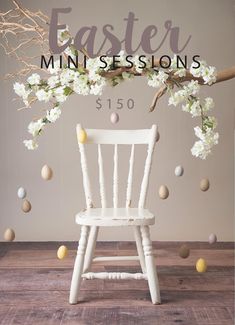 a white chair with easter decorations hanging from it's back and the words, easter impressions $ 150