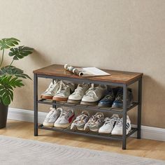 there is a shoe rack with many pairs of shoes on it next to a potted plant