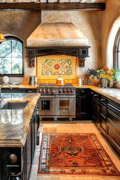 a kitchen with an oven, stove and sink in it's center island area