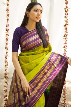 This Kanchipuram saree has a ilai pachai body with December poo border with rettai nagam and rudraksh detailing Office Sarees, Mustard Outfits, Sarees For Wedding, Gadwal Sarees, Saree Styling, Saree Kanchipuram