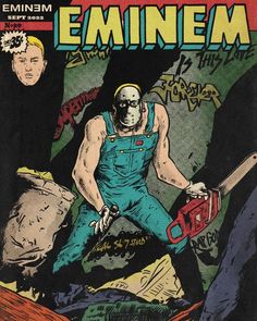 an old comic book cover with a man in overalls and chainsaw on it