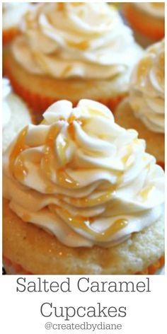 cupcakes with white frosting and caramel drizzle on top