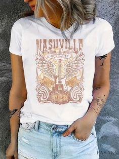 Lasaky - Popular Cartoon Printed Short Sleeve T-shirt on Pinduoduo Music City Nashville, Nashville Music, Essential Wardrobe, Sport T-shirts, Plus Size Kleidung, Print Shorts, Casual Top, Cartoon Print, Print T Shirts