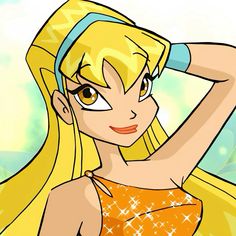 a cartoon girl with long blonde hair and blue eyes wearing an orange dress, holding her hand on her head