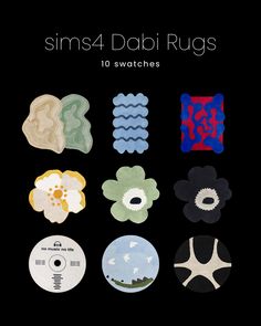 six different types of buttons with the words sims4 dabi rugs on them