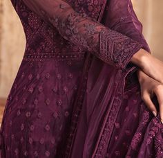 Wine Purple Designer Embroidered Wedding Anarkali Suit-Saira's Boutique Net Kurti, Embroidery Stones, Satin Dupatta, Wedding Anarkali, Resham Embroidery, Wine Purple, Butterfly Net, Embroidered Wedding, Anarkali Suit