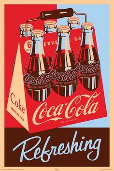 an old coca - cola advertisement featuring six bottles of coke and the word refreshing