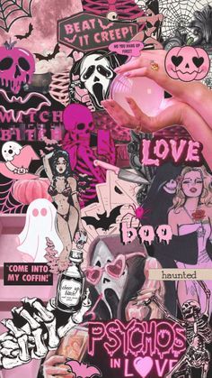 a collage of pink and black stickers