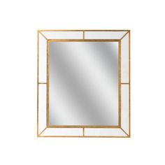 a square mirror with gold trimming and a glass frame in the middle, against a white background