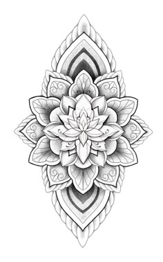 a black and white drawing of a flower with leaves on the petals, in an ornate pattern