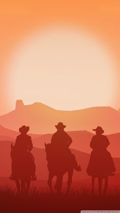 the silhouettes of three people riding horses in front of a mountain range at sunset