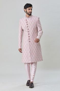 Pink sherwani with all over floral butti embroidery. Paired with churidar - Aza Fashions Fitted Pink Sherwani With Chikankari Embroidery, Pink Fitted Sherwani With Chikankari Embroidery, Designer Pink Fitted Kurta, Designer Fitted Pink Kurta, Designer Fitted Pink Sherwani, Fitted Pink Sherwani With Resham Embroidery, Designer Fitted Pink Bandhgala, Designer Pink Fitted Bandhgala, Pink Fitted Sherwani With Resham Embroidery