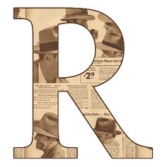 the letter r is made up of newspaper pages with hats on it's sides