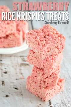 strawberry rice krispies treats stacked on top of each other with the title overlay