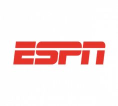 the espn logo is shown in red on a white background