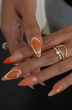 Nails With Jewels, Kutek Disney, Nagel Tips, Makijaż Smokey Eye, Orange Nails, Fire Nails