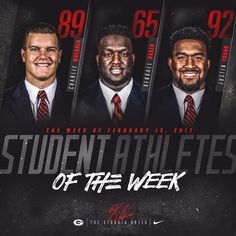 three men in suits and ties standing next to each other with the words student athlete of the week