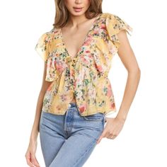 Floral Button-Down Ruffle Top From Divine Heritage. Top Has Sewn In Camisole That Covers A Portion Of The Front And Back. Beautiful Floral Print Will Go With Any Jeans, Skirt, Or Shorts. Features: Size Small New With Tags Color/Pattern: Buttercup Approximately 24in From Shoulder To Hem Design Details: V-Neck And Ruffle Trim Button Front 100% Polyester Dry Clean Only Imported Ships With 1-2 Days Offers Are Always Welcome! Buy With Confidence - Posh Ambassador! Please Contact Me With Any Questions Feminine Yellow V-neck Blouse, Feminine Yellow Blouse For Brunch, Feminine Yellow Blouse For Day Out, Yellow Feminine Blouse, Yellow Feminine Blouse For Daywear, Yellow Ruffled Top For Brunch, Feminine Yellow Blouse For Daywear, Feminine Yellow Top For Day Out, Feminine Yellow Summer Blouse