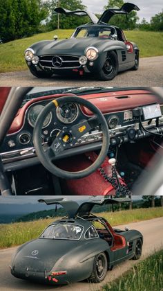 an old car is shown in three different pictures, one with the hood up and the other without