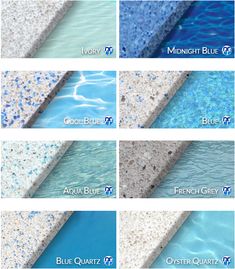 the different types of swimming pool tiles in various colors and sizes, including blue, aqua, white, gray, black