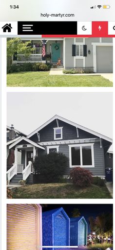 two houses with different colors in the front yard and side by side pictures of them