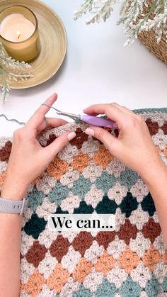 a woman is crocheting on a rug with her hands and the words we can