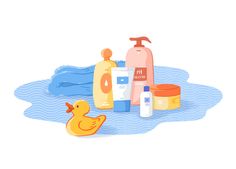 an illustration of various skin care products and a rubber duck