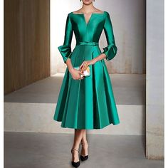 Silhouette:A-Line; Hemline / Train:Tea Length; Closure:Covered Button; Built-In Bra:Yes; Embellishment:Pleats; Fabric:Satin; Sleeve Length:3/4 Length Sleeve; Tips:Colors may vary slightly due to different monitor settings,Professional dry cleaner only; Boning:No; Style:Mother,Elegant; Occasion:Formal,Wedding Guest; Neckline:V Neck; Brand:TS Couture; Front page:Cocktail Dresses; Listing Date:03/28/2023; Bust:; Hips:; Hollow to Floor:; Waist: Retro Wedding Guest Dress, Aline Dress Formal, Cocktail Wedding Outfit, Fancy Cocktail Dress, Cocktail Date, Pleats Fabric, Tea Length Formal Dresses, Dress Formal Wedding Guest, Silk Formal Dress