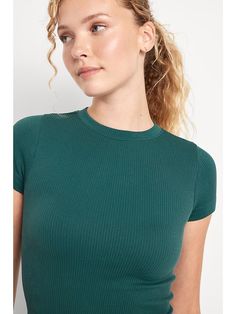 Agate Green Ribbed Crew Neck T-shirt, Trendy Green Ribbed T-shirt, Trendy Short Sleeve Top With Ribbed Neckline, Solid Ribbed Stretch Short Sleeve Top, Stretch Ribbed Solid Short Sleeve Top, Solid Stretch Ribbed Short Sleeve Top, Solid Color Ribbed Short Sleeve Stretch Top, Ribbed Stretch T-shirt, Trendy Ribbed Short Sleeve T-shirt