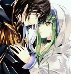 two anime characters with green hair and black clothes, one holding the other's head