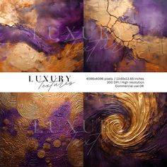 three different paintings with gold and purple colors