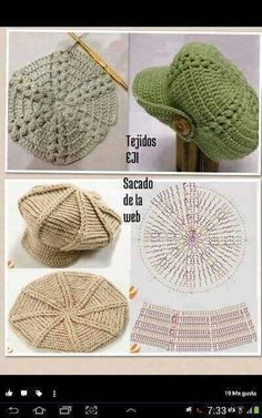 crocheted hats are shown with instructions to make them