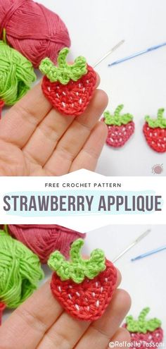 the crochet strawberry applique is made with yarn