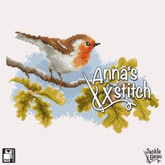 the cross stitch pattern shows an orange and white bird perched on a branch