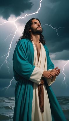 jesus standing in the water with his arms crossed and head turned to look like he is surrounded by lightning