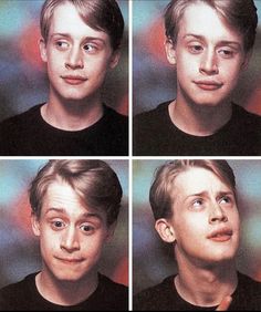 four pictures of a young man with different facial expressions and haircuts on his face